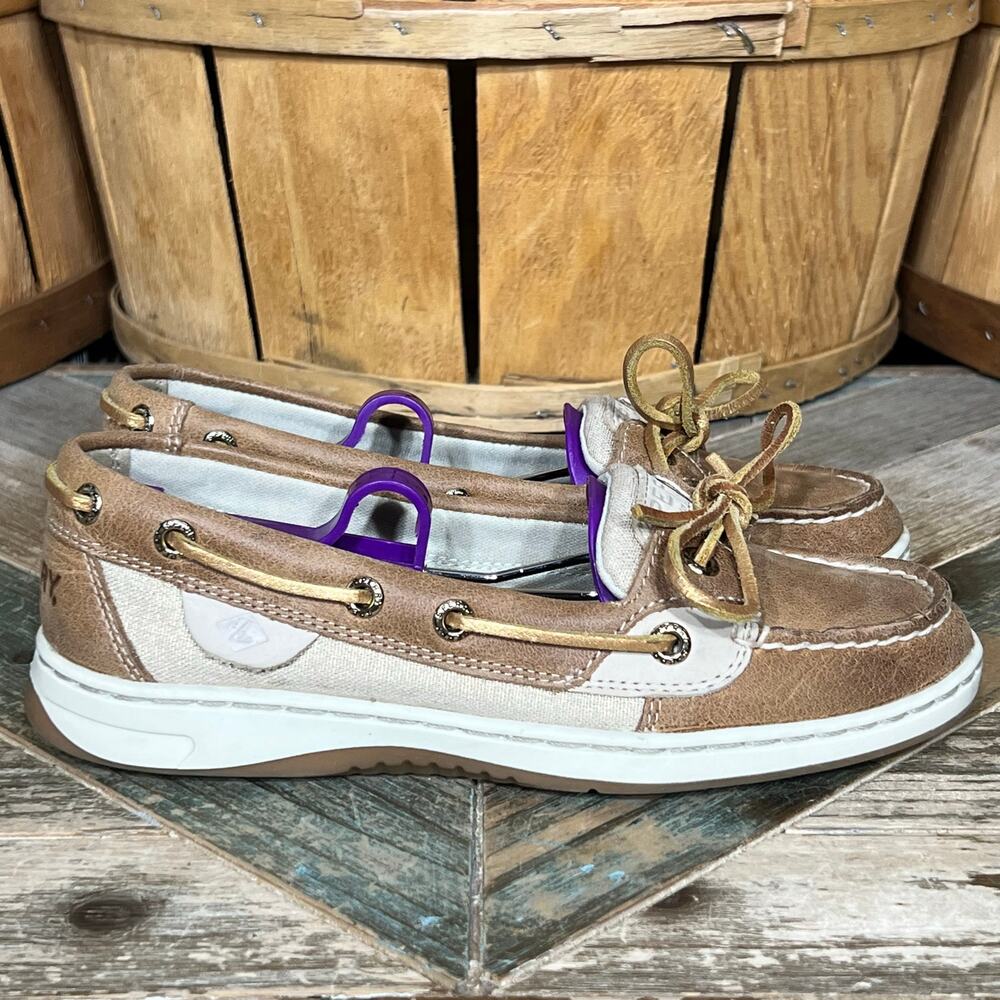Sperry Angelfish Tan Gold Leather Canvas Lace-Up Boat Shoes Womens Size 5